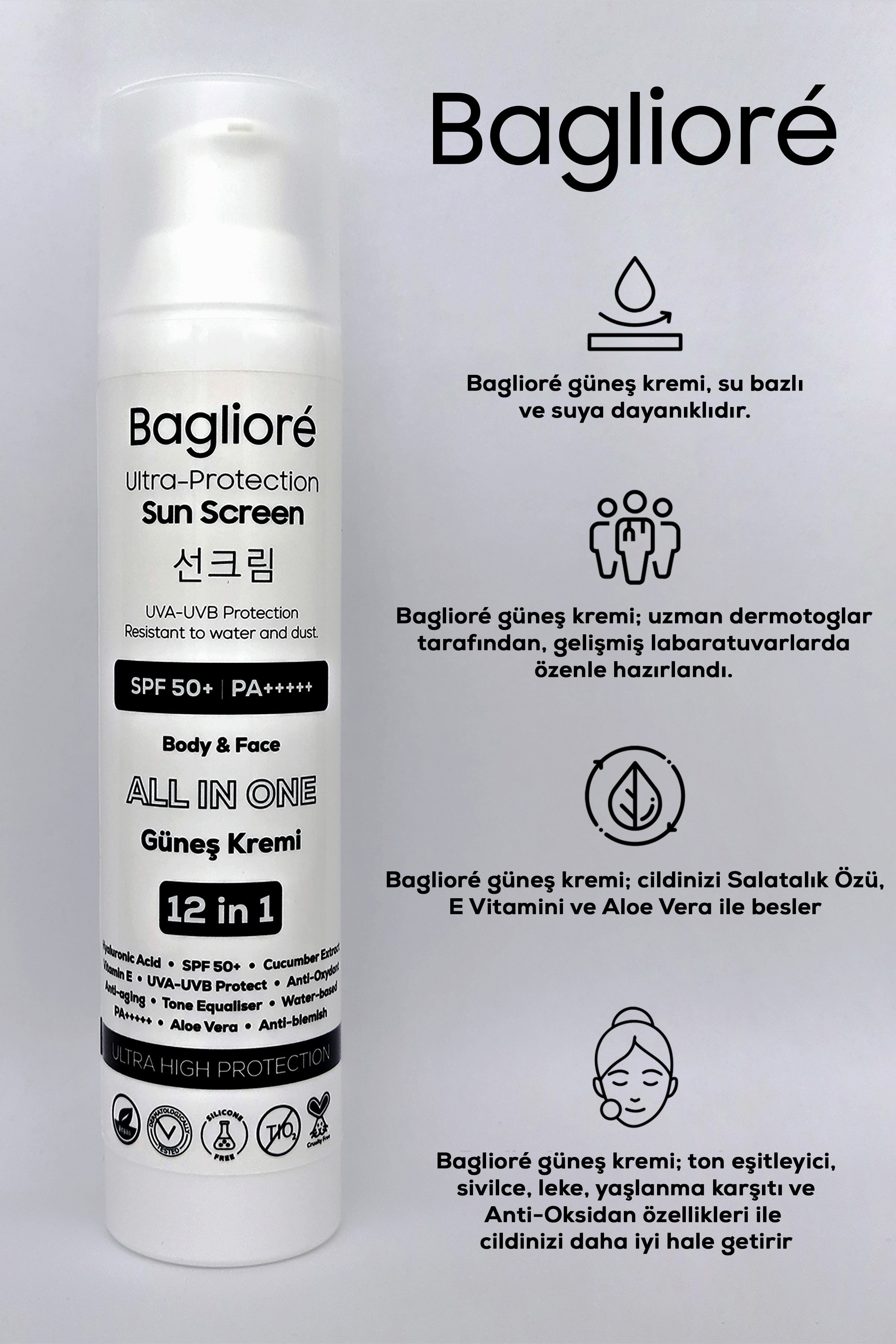 Baglioré SPF 50+ Güneş Kremi | Çinko Oksit & Hyaluronik Asitli Nemlendirici | PA+++++ | 12’si 1 Arada | Yüz ve Vücut | 100 ml