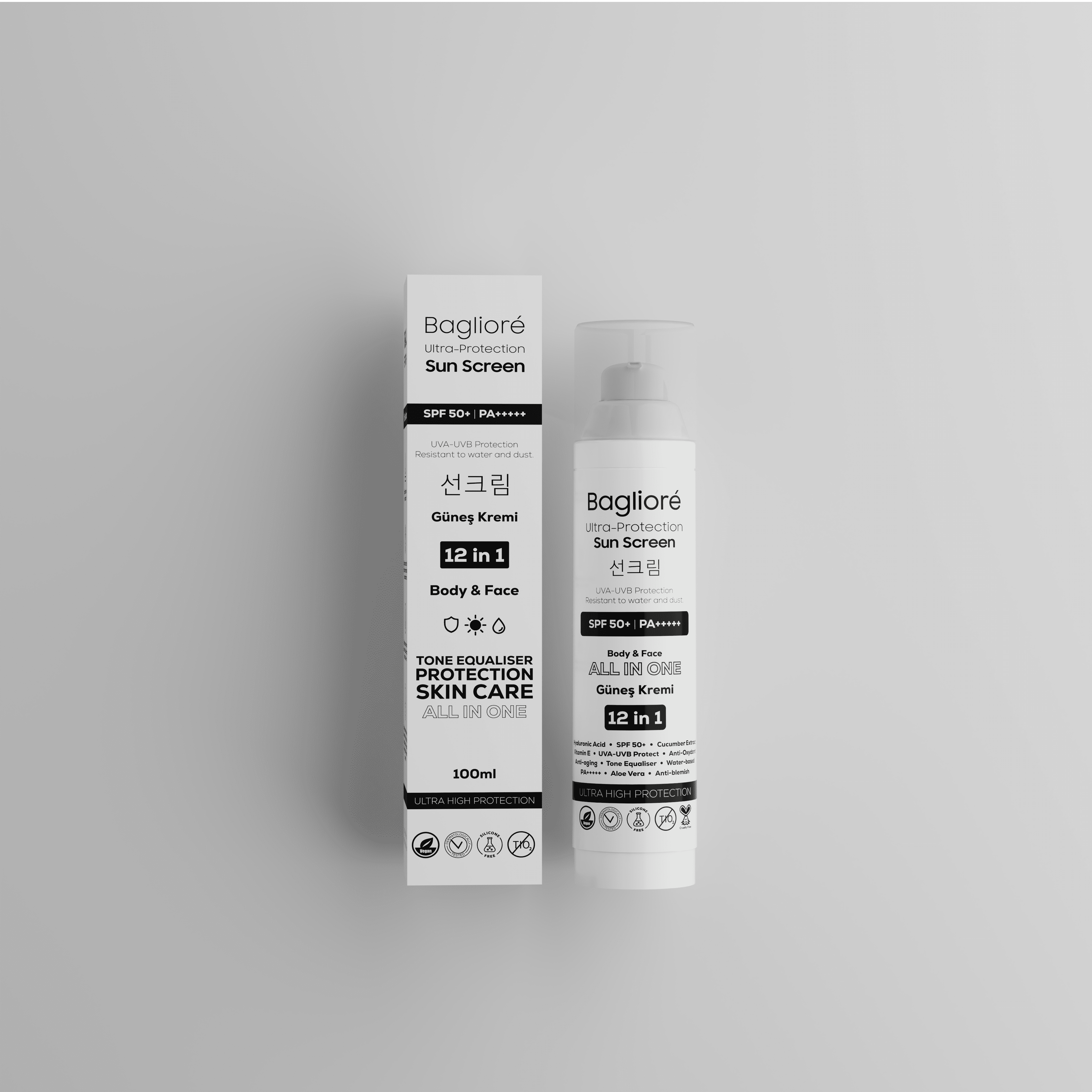 Baglioré SPF 50+ Güneş Kremi | Çinko Oksit & Hyaluronik Asitli Nemlendirici | PA+++++ | 12’si 1 Arada | Yüz ve Vücut | 100 ml