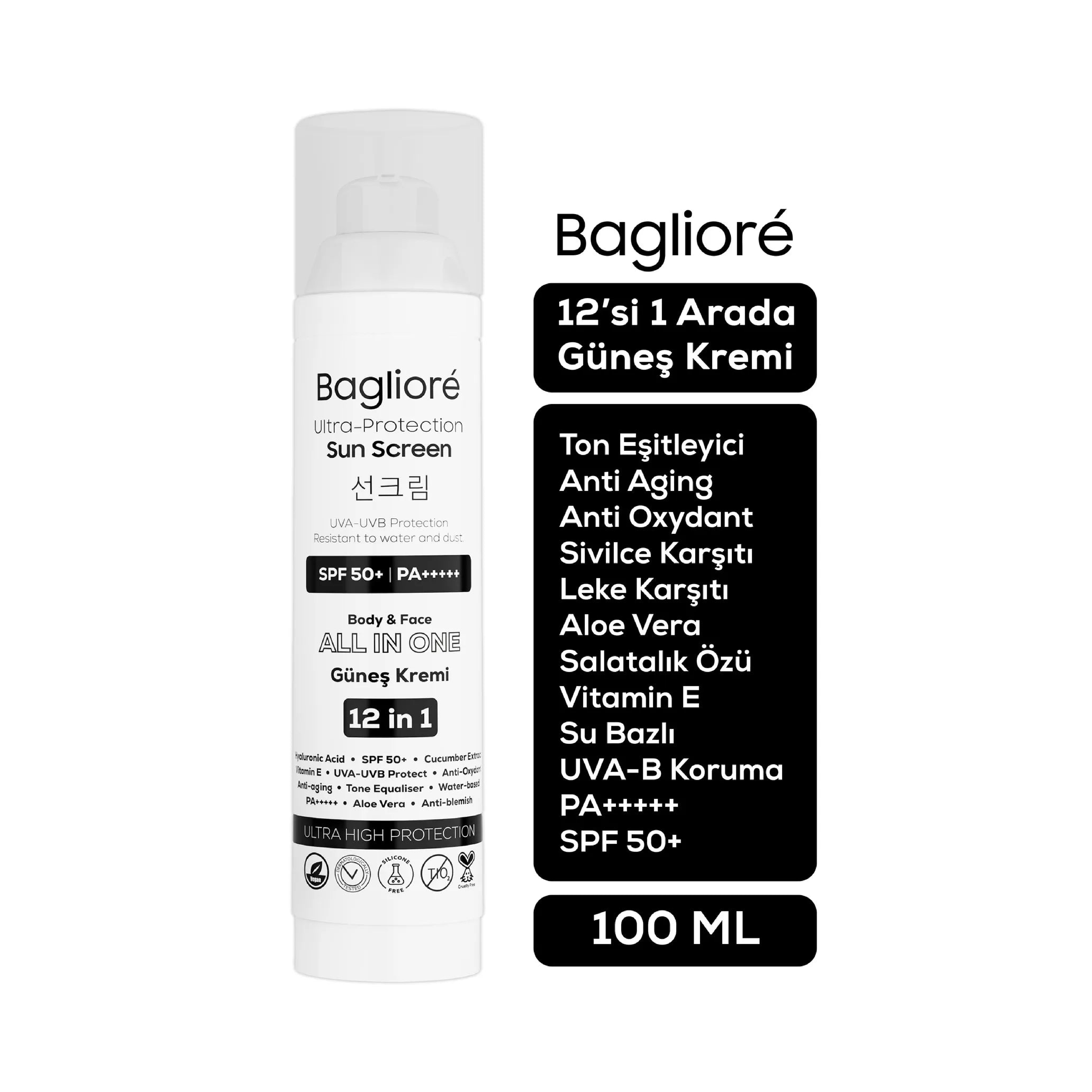 Baglioré SPF 50+ Güneş Kremi | Çinko Oksit & Hyaluronik Asitli Nemlendirici | PA+++++ | 12’si 1 Arada | Yüz ve Vücut | 100 ml